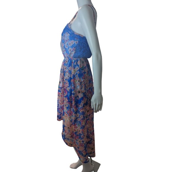 Candie's Women's Y2K High-Low Hem Dress Floral Print Blue Lace Panels sz M - Picture 4 of 11